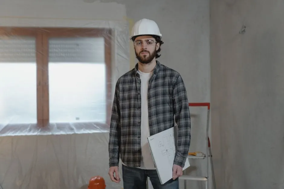 Artisan avec casque de chantier tenant des plans dans une pièce en rénovation